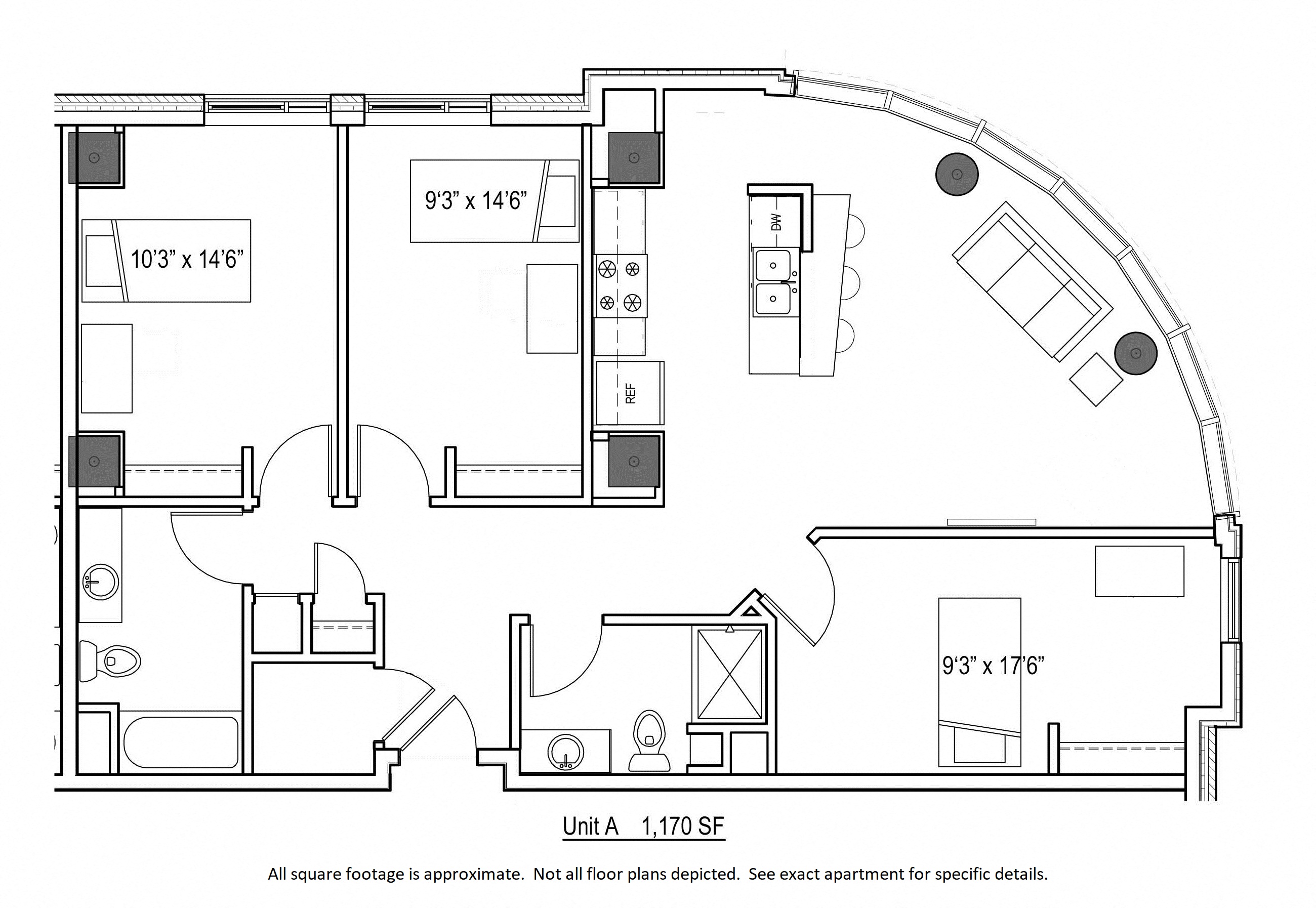 Floor plan for 3 beds, 2 baths, 1170 sqft